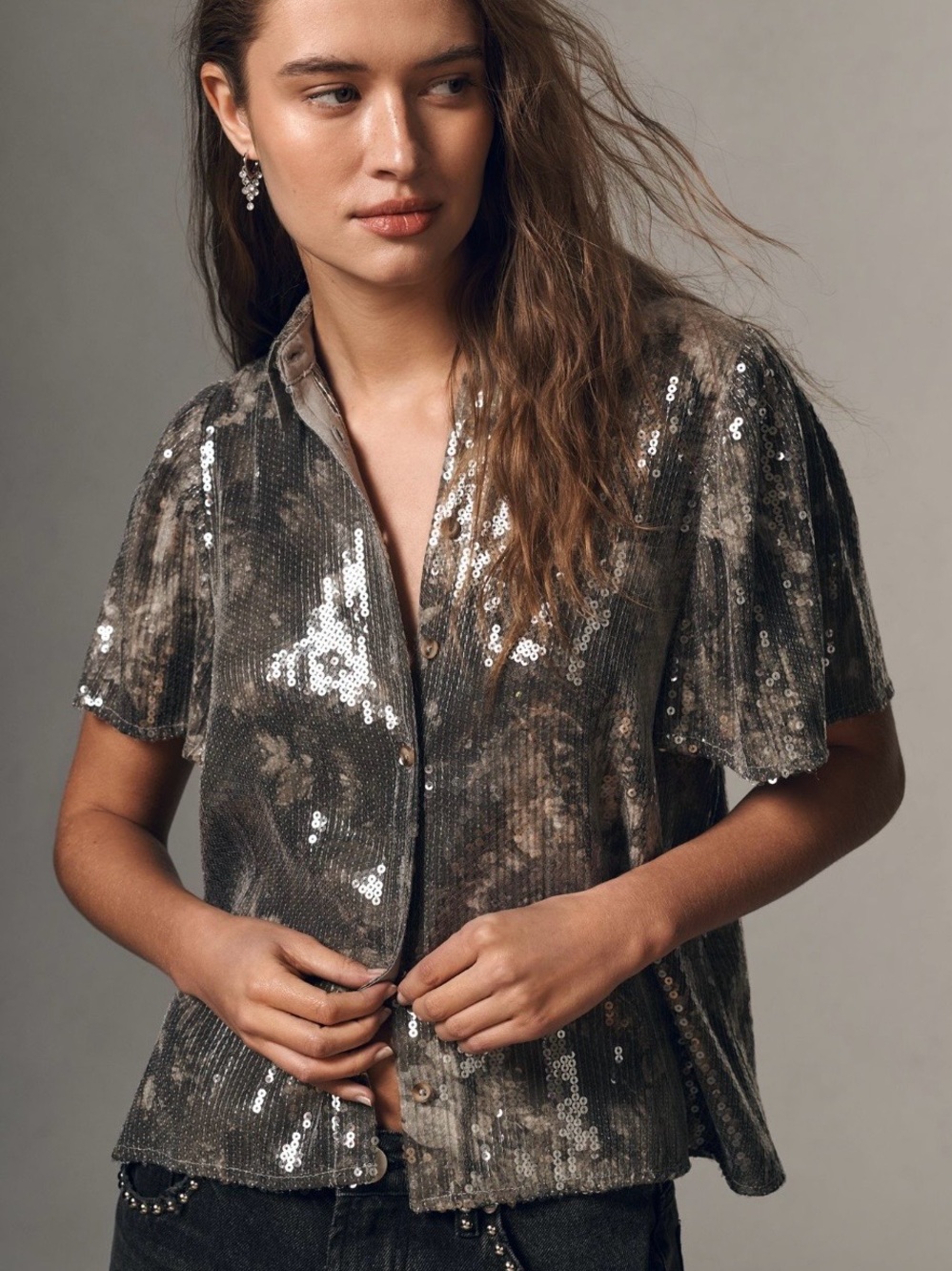 Anthropologie Sequined Short-Sleeve Button-Down Shirt in Olive Brown